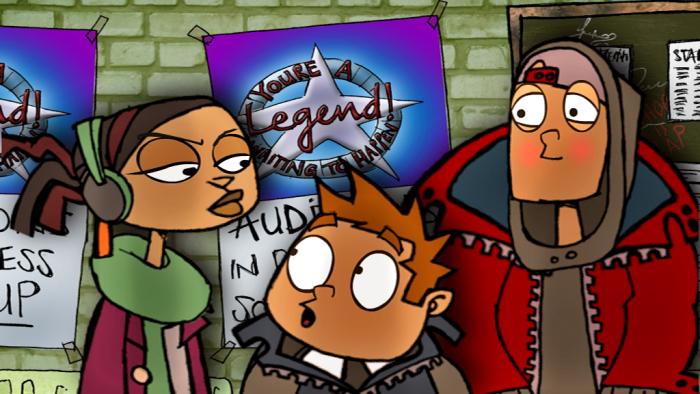 Tanya looking sullen with her headphones on, next to Eugene and Burno.