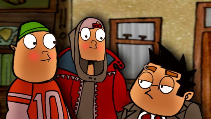 Burno and Paulie standing next to Eugene who has dyed his hair black.