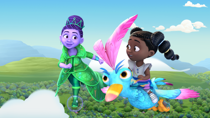 Dee flying on a magical bird