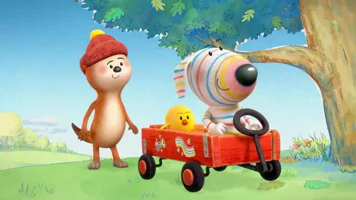 Dylan's Playtime Adventures: Two characters play outdoors, one pushing a red wagon with the other inside.
