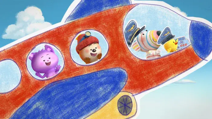 Dylan's Playtime Adventures: Characters fly through space in a rocket ship surrounded by stars and planets.