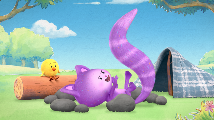 Dylan's Playtime Adventures: Two characters interact near rocks, one lying down while the other provides shade with a leaf.