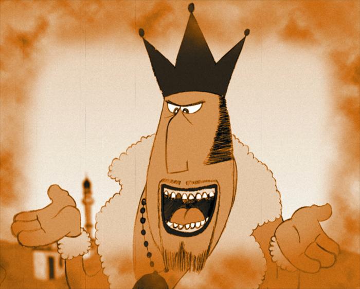 An animated character wearing a crown and robe, holding up both hands while speaking or singing passionately.