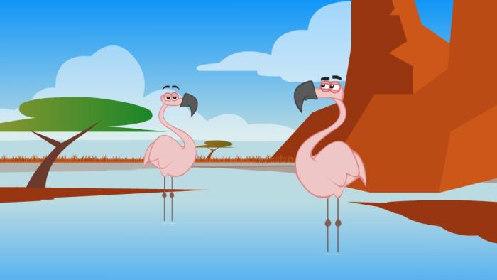 two flamingos standing in the water