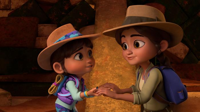 Ridley Jones and her mom looking at each other and holding hands