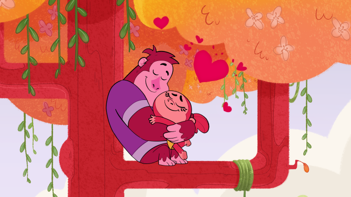 Let's Go, Bananas!: A character hugs another in front of an autumn tree backdrop.
