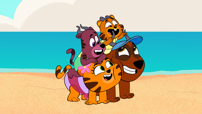 Let's Go, Bananas!: Group of characters pose happily together on a beach.