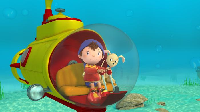 Noddy and his dog in a submersible vehicle in the ocean