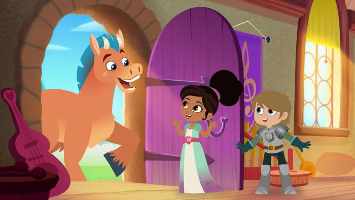 Nella the Princess Knight opening a door to a horse