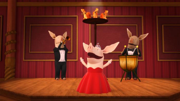 Stage performance scene with Olivia and two other characters dressed up and performing an opera or musical act.