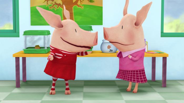 Olivia and another character standing side by side in similar outfits, engaged in conversation.