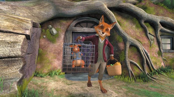 Mr. Tod holding Peter Rabbit in a cage