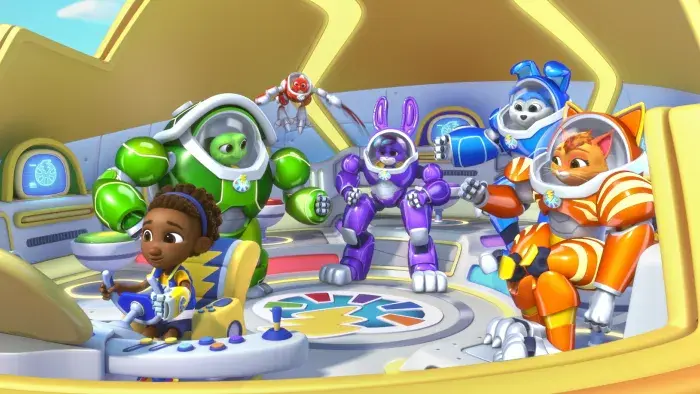 Dax, Hopper, Shelly, Wingo, Booster and Allie in a vehicle together. Dax is sitting at the control panel