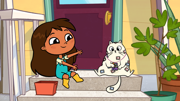 Rosie's Rules: Rosie sits on a doorstep with Gatita, a white cat.