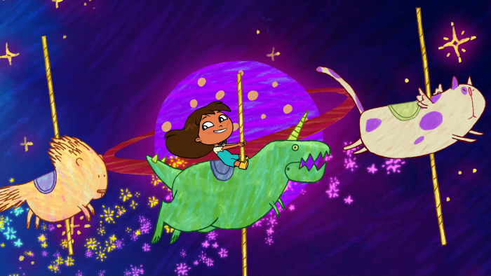 Rosie's Rules: Rosie flies through space with stars and planets in the background.