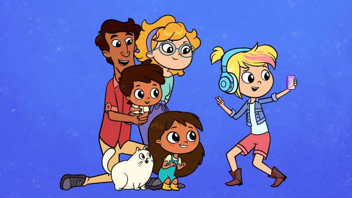 Rosie's Rules: Adults and children stand together against a blue background.
