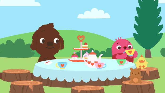 Sago Mini Friends: Characters sit at a table in a sun-themed dining area.