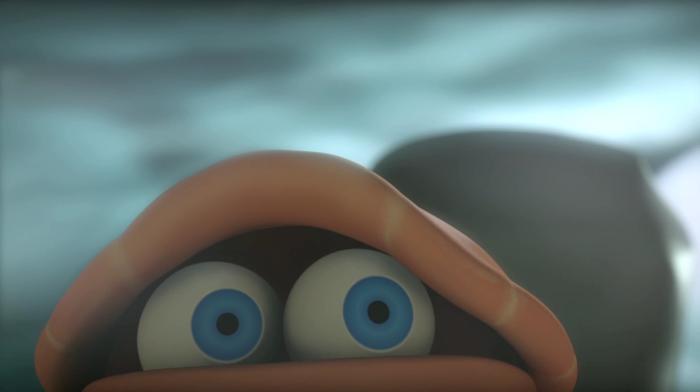 Close-up of a cartoon crab character with large blue eyes peeking out nervously, set against a dark, misty background.