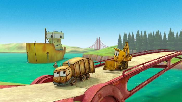 The characters Stinky and Dirty crossing over a bridge