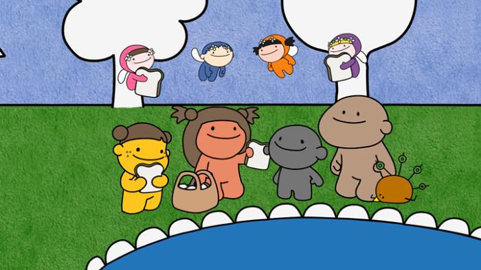 characters from Wobblyland around a pond