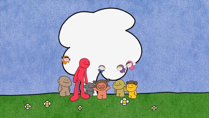 Characters from Wobblyland standing on the grass in front of a big white cloud