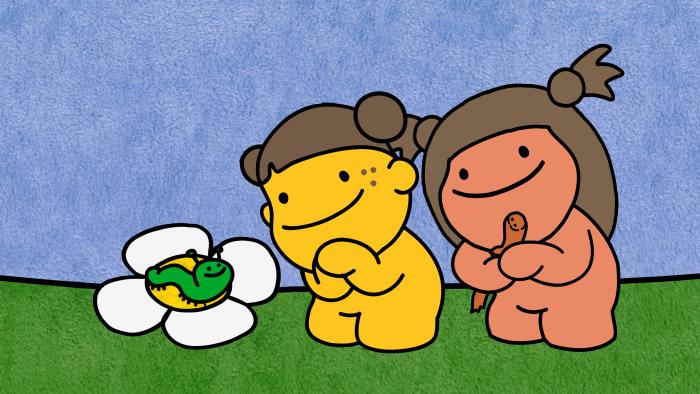 Molly looks over Lellos shoulder at a caterpillar on a flower