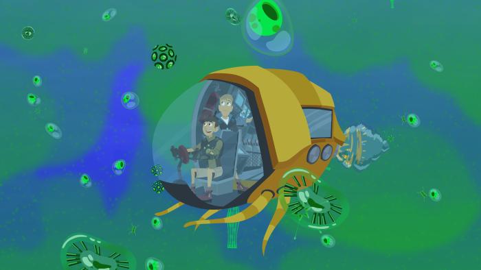 Still from Wild Kratts: Martin and Chris in a Creature Power vehicle.