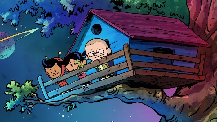 Still from Xavier Riddle and the Secret Museum: Xavier, Yadina, and Brad in a tree fort.