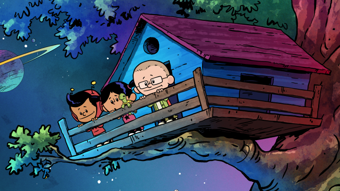 Still from Xavier Riddle and the Secret Museum: Xavier, Yadina, and Brad in a tree fort.