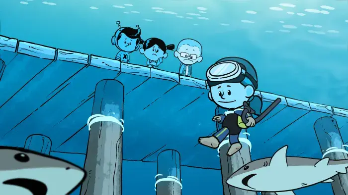 Still from Xavier Riddle and the Secret Museum: Xavier, Yadina, and Brad standing on a dock watching a diver underwater.