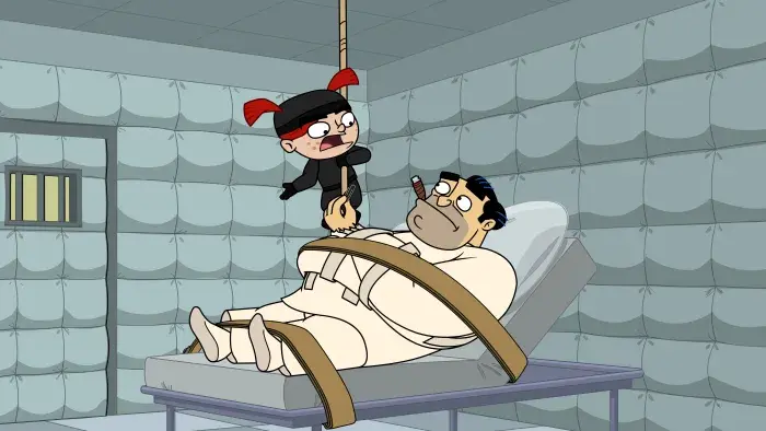 Fugget About It - Episodic Still - Gina suspends from ceiling over Jimmy who is bound to the table.