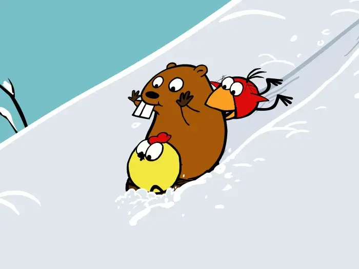 Peep and the Big Wide World - Episodic Still - Animals slide down a snowy hill.