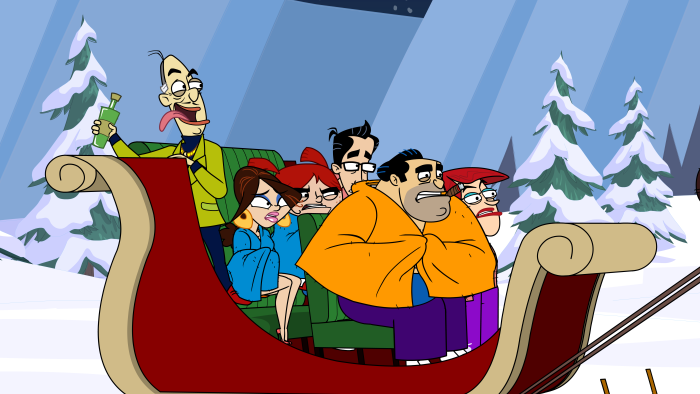 Fugget About It - Episodic Still - Family in a sled in the winter.