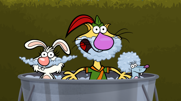 Nature Cat - Episodic Still - Nature Cat looks surprised in a bubble beard in a tub with his friends.