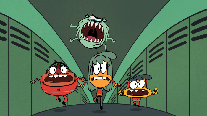 3 Amigonauts episodic still - three characters running from a monster