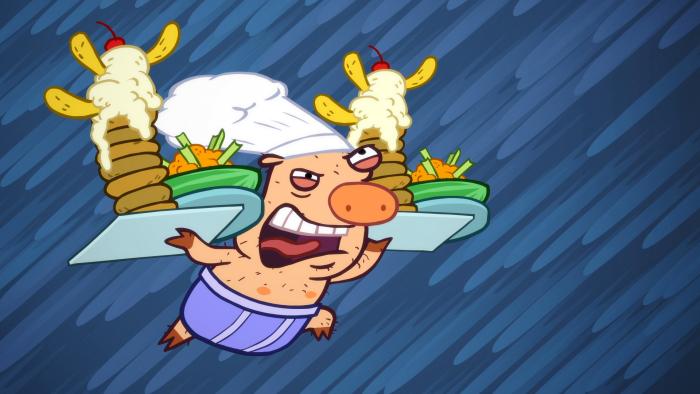 Almost Naked Animals episodic still - Cartoon dog character wearing antlers and a yellow shirt, standing in a storm with rain and wind.