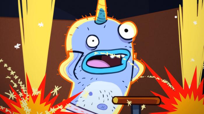 Almost Naked Animals episodic still - Blue character screaming with mouth wide open, surrounded by flames and sparks.