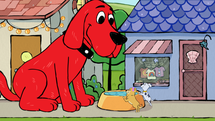 Clifford the Big Red Dog - Episodic Still - Clifford hangs out with a little dog in front of his water bowl.