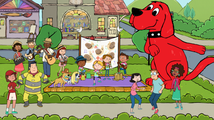 Clifford the Big Red Dog - Episodic Still - Clifford and his community friends outside dancing.