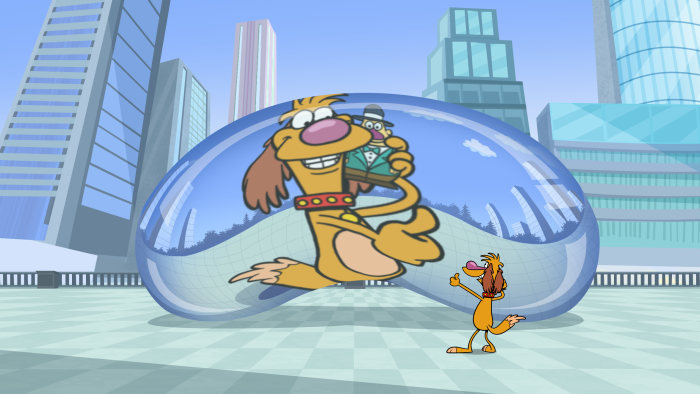Nature Cat - Episodic Still - A dog looking at his reflection in a large mirrored bean sculpture.
