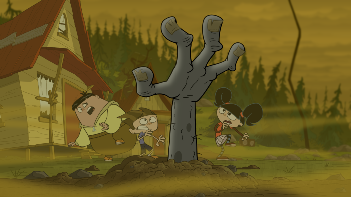 Camp Lakebottom – Episodic Still – Spooky tree that looks like a hand with twisted branches near a tent in a foggy campsite.