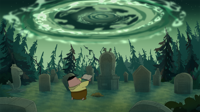 Camp Lakebottom – Episodic Still – Swirling green vortex forming in the forest as campers look on.