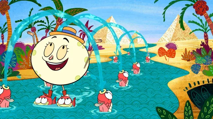 Let’s Go, Luna episodic still characters in a river with fish blowing water 