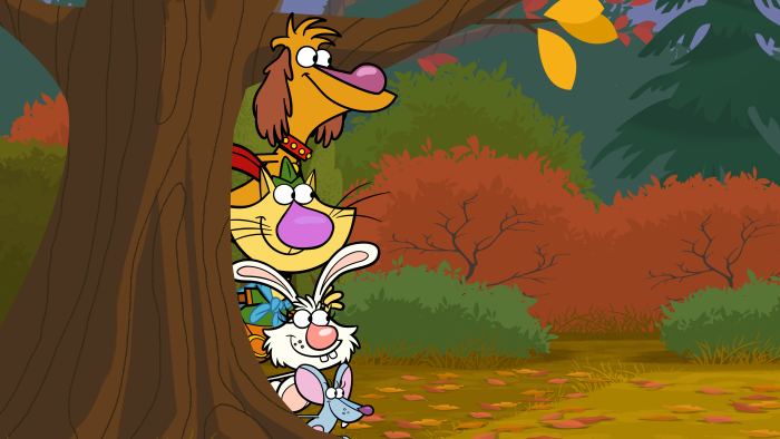 Nature Cat - Episodic Still - Nature Cat and friends peek from behind a tree.